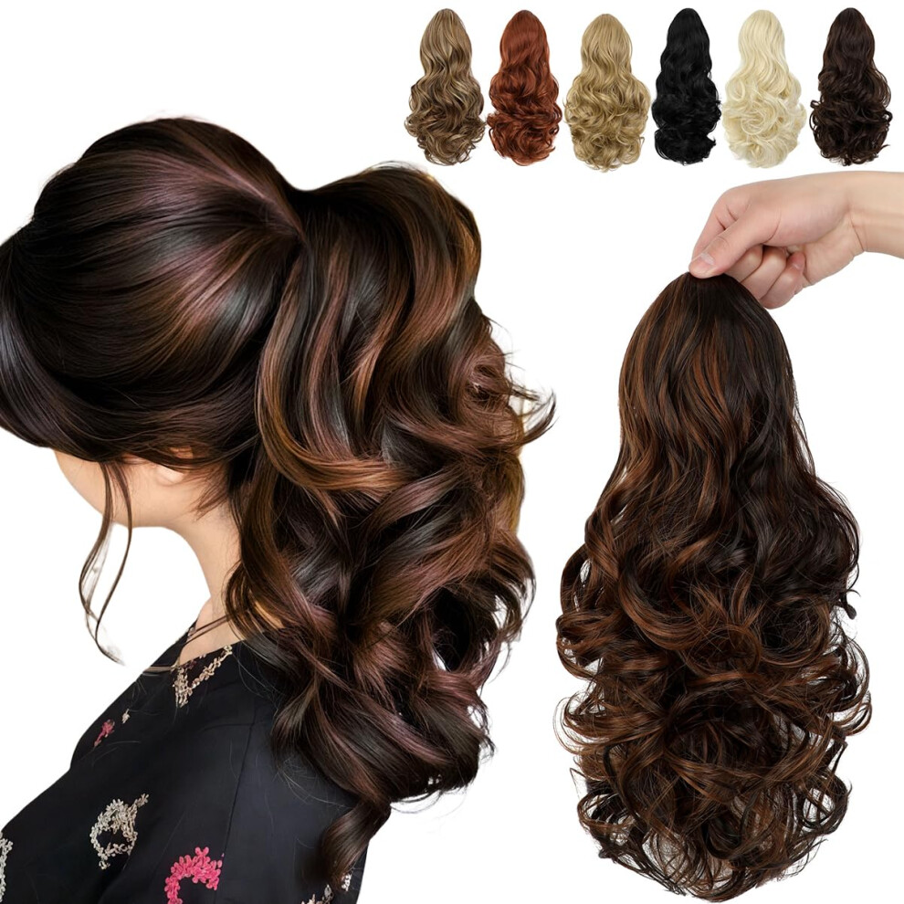 Unisex Red,Brown Ponytail Hair Extensions 15 Inch Wavy Curly Drawstring Hairpiece Dark Brown Mix Light Auburn