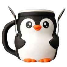 3D Penguins Ice Cream Pint Holder with Spoon and Handle, Reusable Cute Cup for Frozen Desserts and Beer Cans