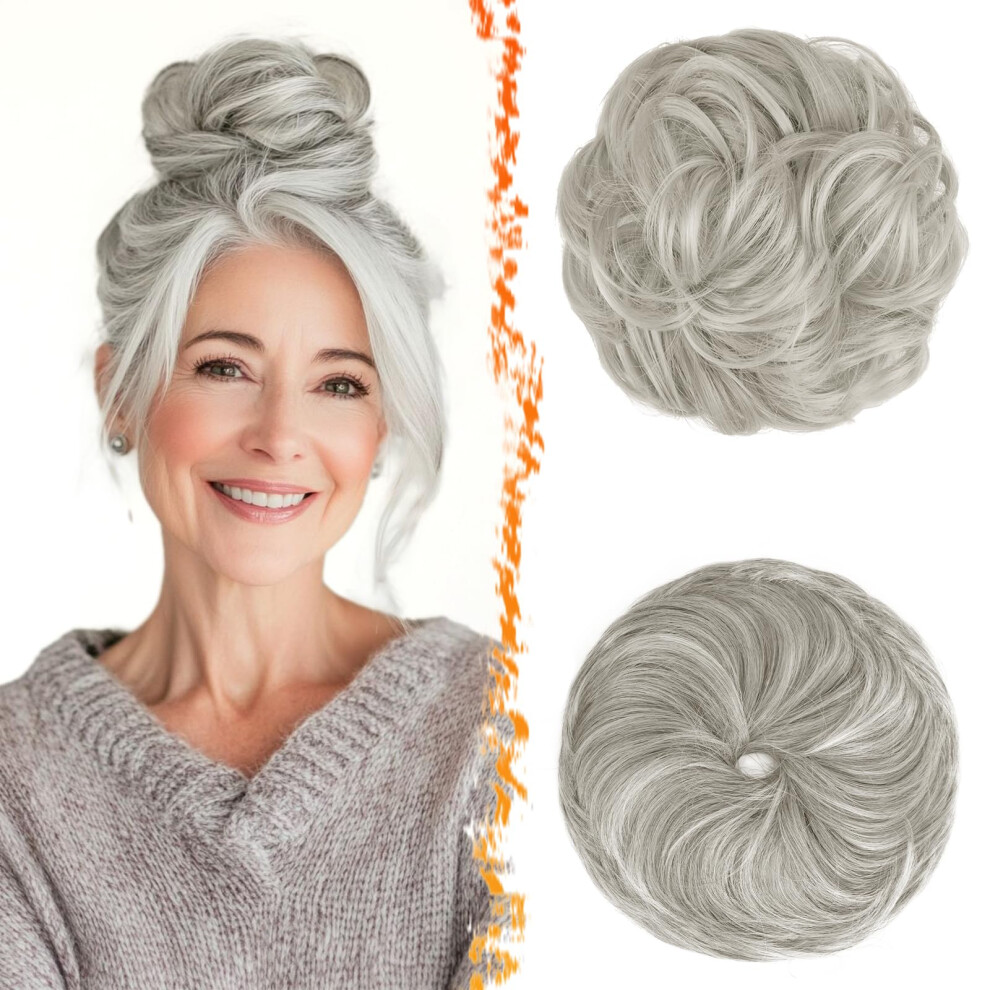 Messy Bun Hair Piece Grey Scrunchie  Synthetic Hair Extension for Women, Realistic Volume Boost