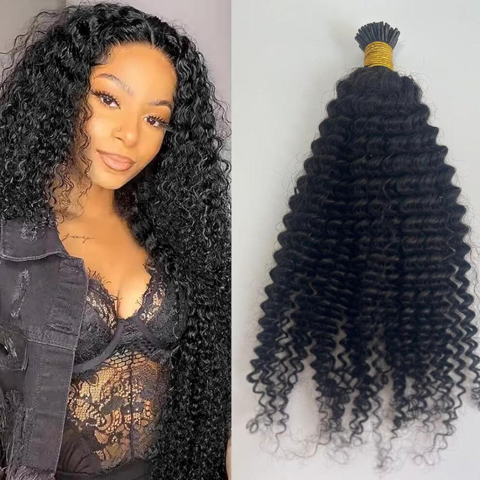 Unisex Black 14 Inch Kinky Curly I Tip Hair Extensions Brazilian Virgin Human Hair Microlink Fusion For Women