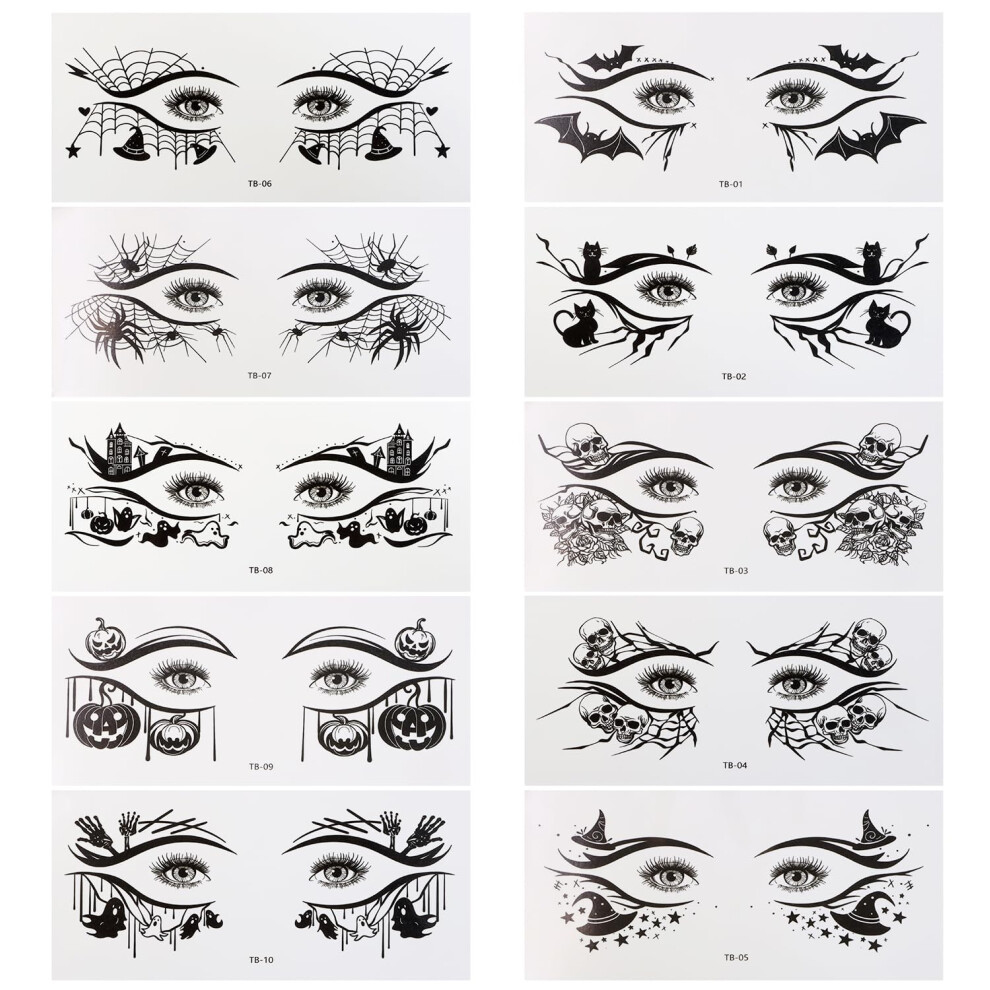Halloween Eye Stickers 10 Pairs Spooky Bat Spider Skull Eyeliner Decals Reusable Makeup Tattoos