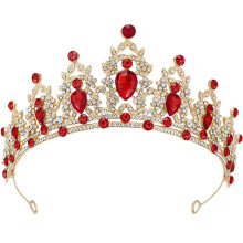 Red Crystal Tiara for Women Wedding Birthday, Adjustable Elastic Metal Princess Crown Headband