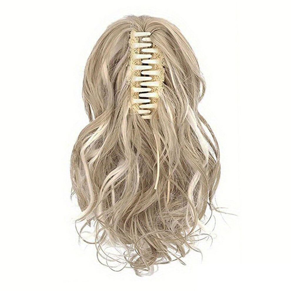 Unisex Ponytail Hair Extension Claw Clip Wavy Curly Synthetic Hairpiece 12In Ash Blonde Mixed Volume Boost