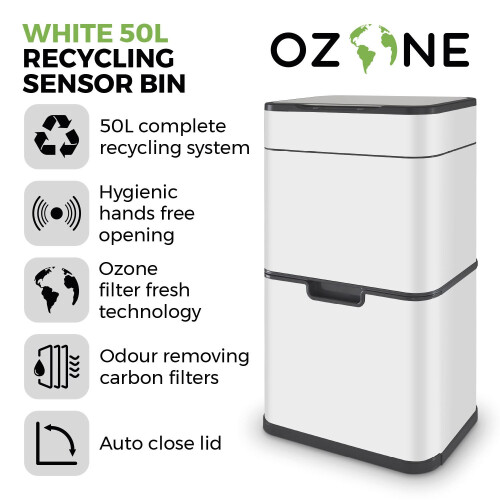 Tower Tower Ozone Recycling Sensor Bin, 50L, Hands Free Opening, Carbon Filter, White T938021WHT 2
