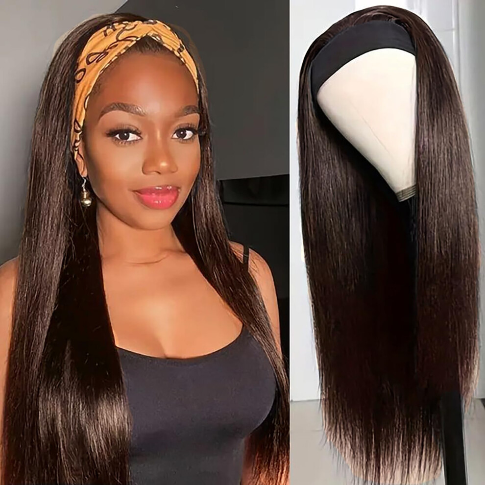 Unisex Brown 28 Inch Straight Chocolate Headband Wig Human Hair Glueless Brazilian Virgin Natural Hairline