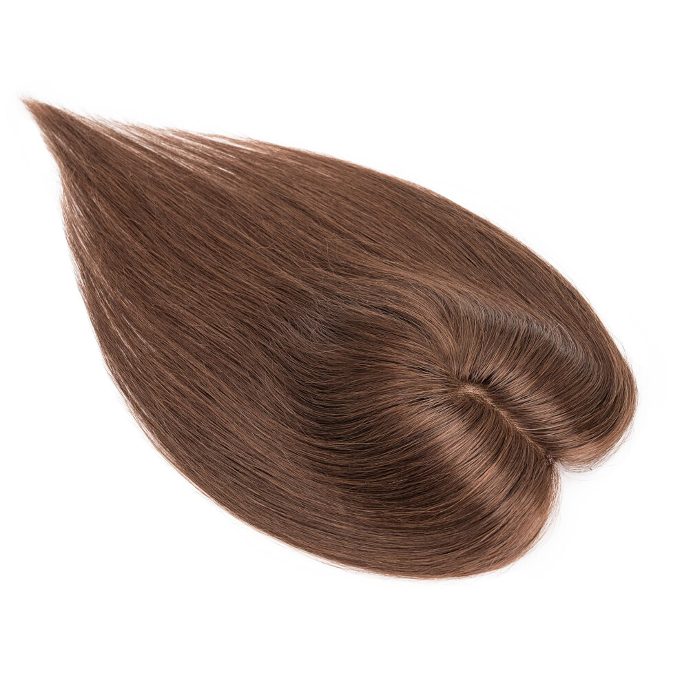 Unisex Brown Human Hair Topper For Women Silk Base No Bangs 150% Density Chestnut Clip In 9 Inch