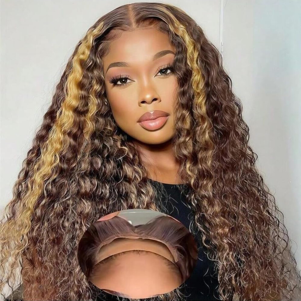 Unisex Brown Glueless Human Hair Wig Ombre Highlight Lace Front Pre Plucked 18Inch Loose Wave Honey 220% Density