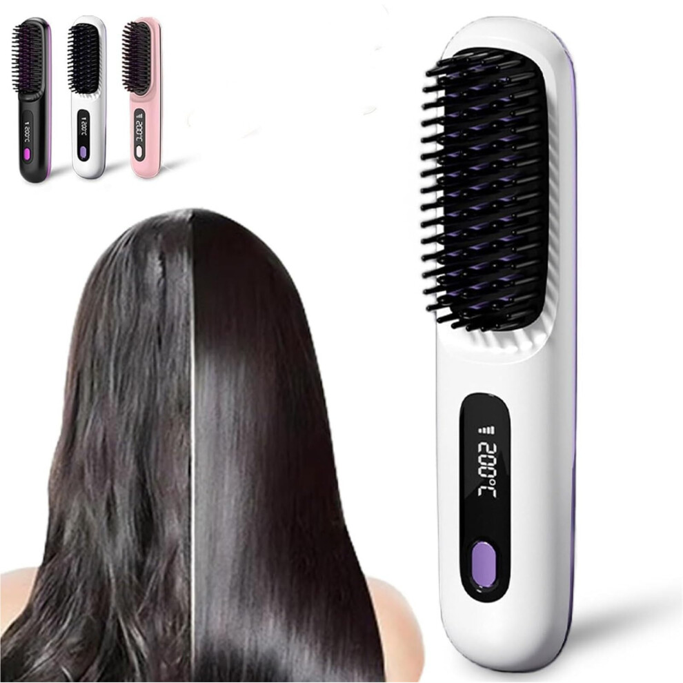 Cordless Hair Straightening Brush with Ionic Ceramic Comb, USB Rechargeable, 3 Heat Settings, White