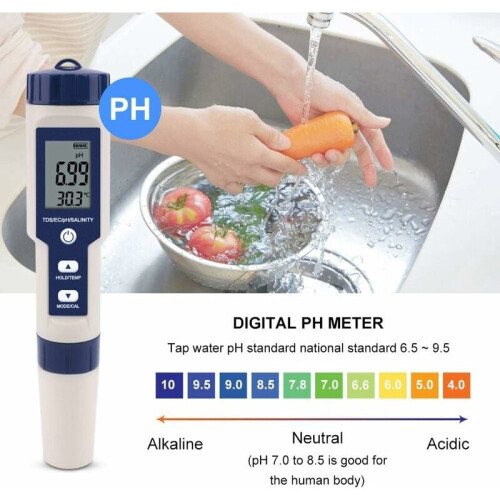 Multifunctional Water Quality Tester, Digital Salinity Meter with PH, TDS, EC, Temperature Measurement, Wide Range Backlight Screen, Automatic 2