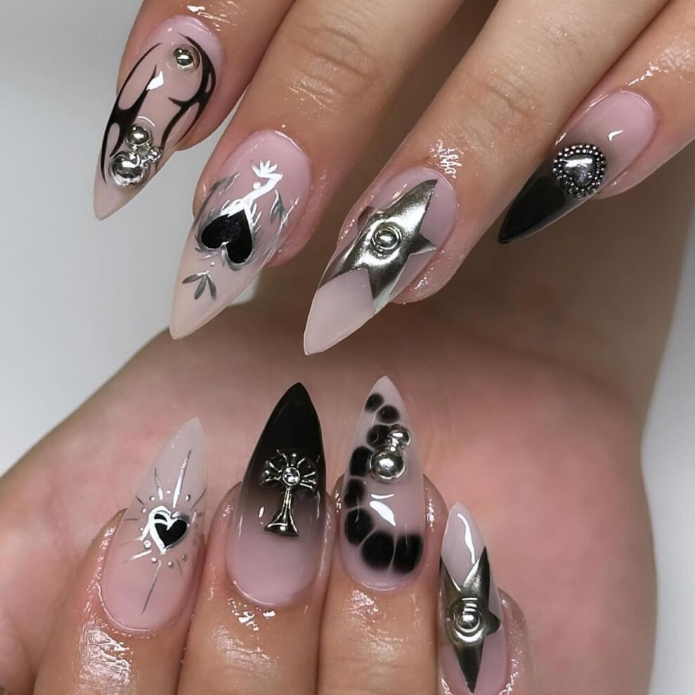 Long Stiletto Press On Nails Pink Black Heart Rhinestone Ballerina Fake Nail Tips Mixed Sizes