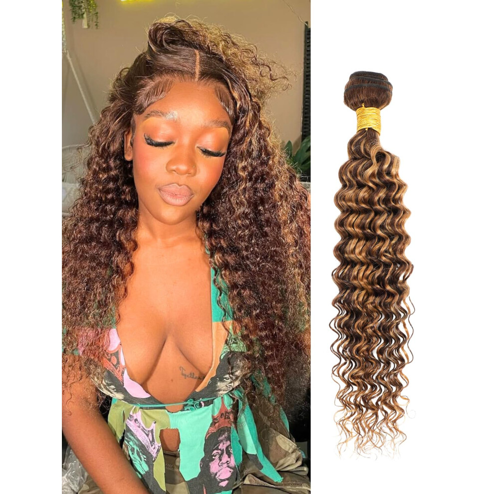 Unisex 20 Inch Honey Blonde Highlight Deep Wave Human Hair Bundle, P4/27 Ombre Virgin Brazilian Hair