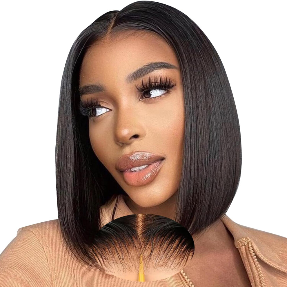 Unisex Black 12 Inch Bob Wig Human Hair Glueless 9X6 Hd Lace Closure Pre Plucked For Women