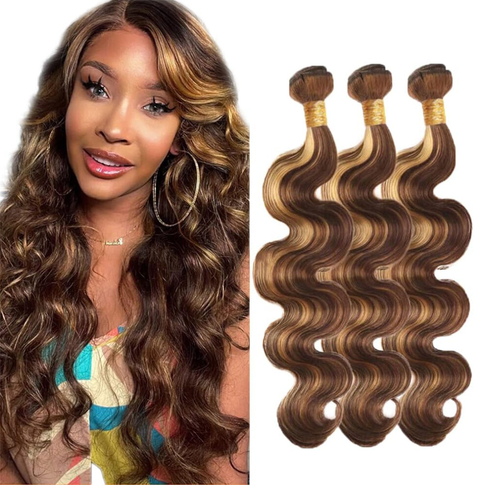 P4/27 Highlight Brazilian Body Wave Human Hair Bundles 22 Inch Virgin Extensions 3 Pack