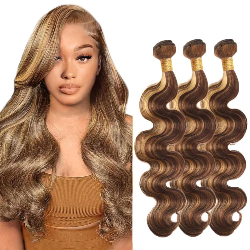 Unisex Brown P4/27 Highlight Blonde Brazilian Body Wave Human Hair Extensions 26 Inch Virgin Bundles