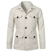 (Creamy-white, 3XL) Mens 100% Linen Safari Jacket Slim Pockets Fit Hunting Coat Tops British Casual