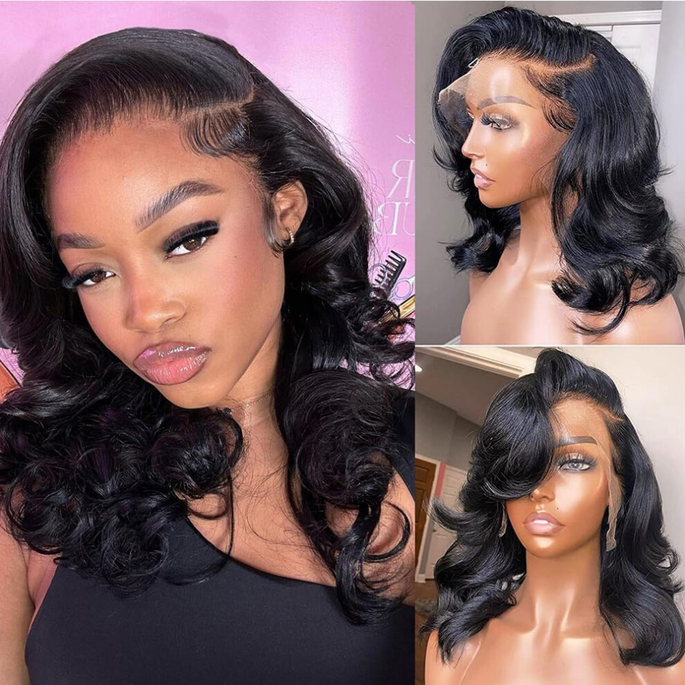 Unisex Black 16 Inch 13X6 Hd Lace Front Human Hair Wig, Body Wave Bob, Pre Plucked Glueless Brazilian Virgin Hair