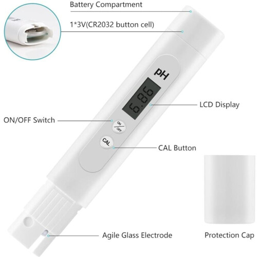 Μετρητής pH με οθόνη LCD HD, αισθητήρας υψηλής ευαισθησίας από κράμα τιτανίου, 1