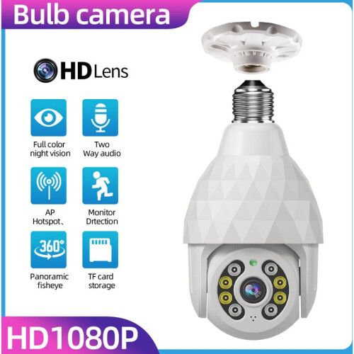 360 Motion Detection 2K Hd Light Bulb Security Camera, Full-Color Night Vision, Easy Installation for E27 Light Socket, Waterproof Outdoor Security 2