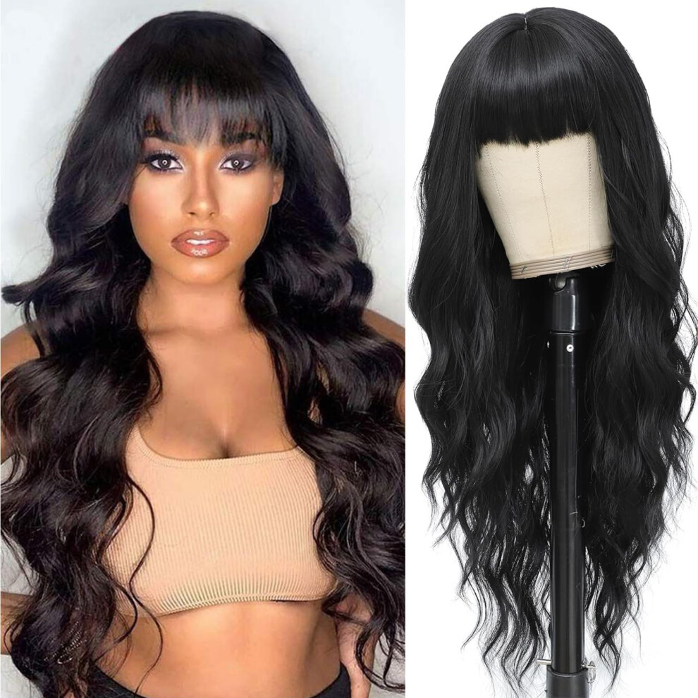 Brazilian Virgin Human Hair Wig with Bangs, Glueless Body Wave, Natural Black 22 Inch