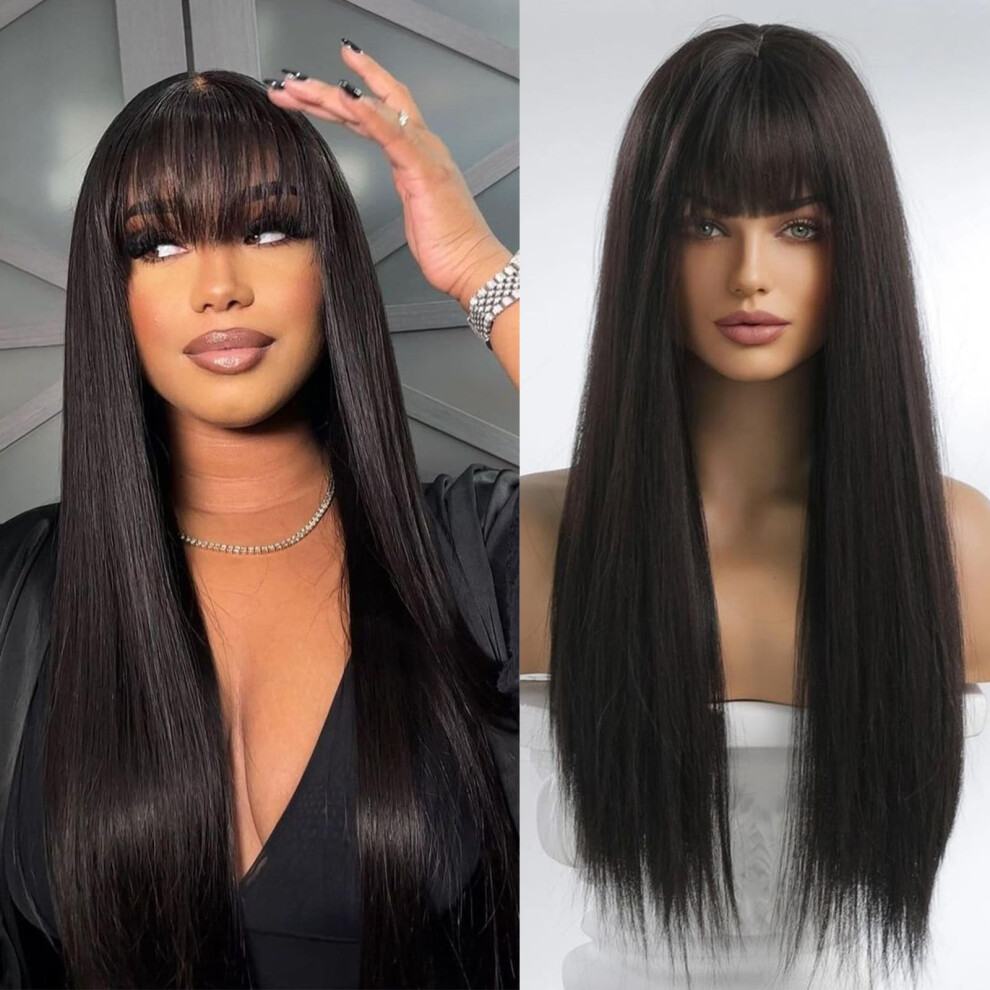 Unisex 36 Inch Brazilian Virgin Human Hair Wig With Bangs, Glueless Long Straight Wig For Women