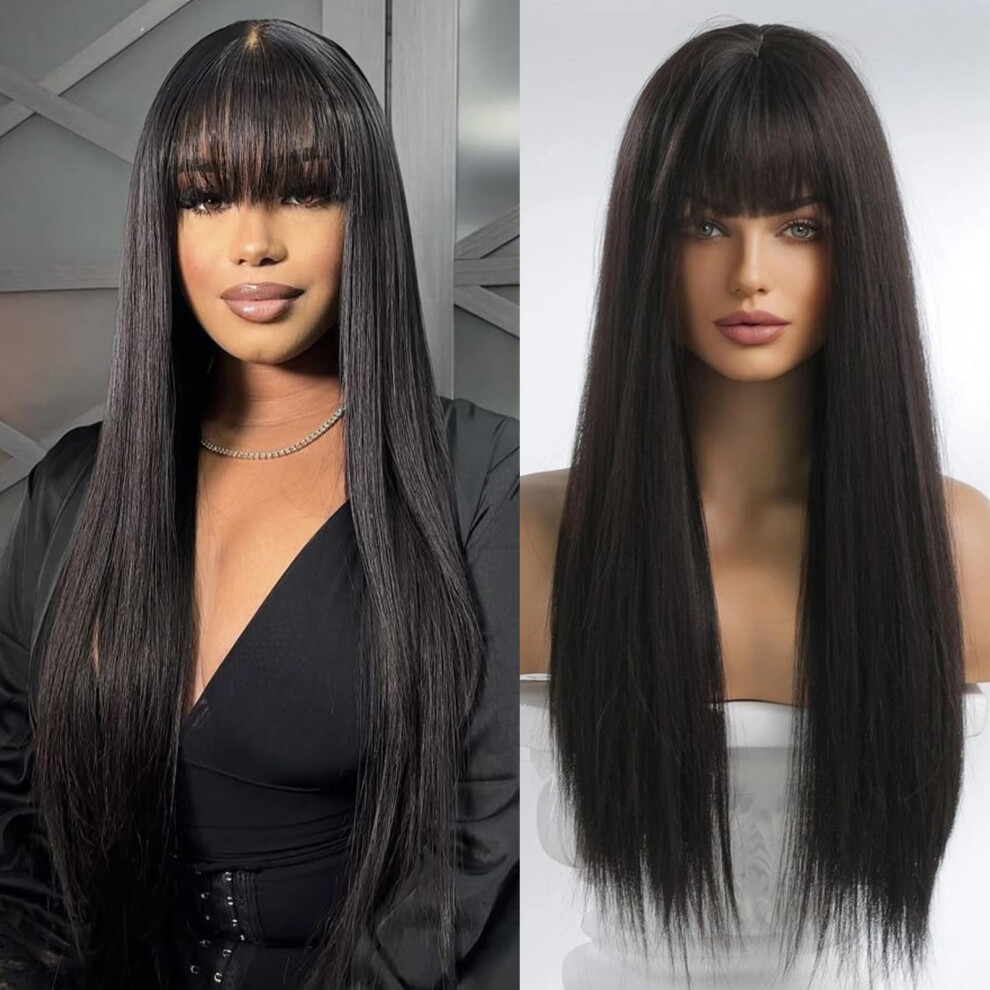 Unisex Black 24 Inch Straight Human Hair Wig With Bangs, Glueless Brazilian Virgin Hair For Women