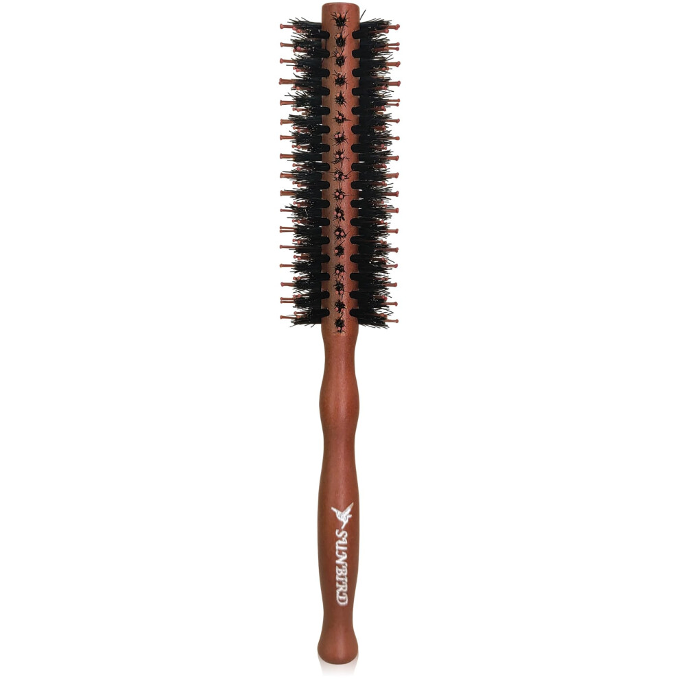 Round Brush for Blow Drying with Boar and Nylon Bristles, Small Wood Handle Styling Brush 1.6 Inch for Volumizing and Frizz Hair