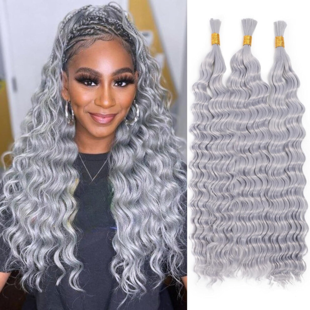 Brazilian Virgin Grey Human Hair Extensions 24 Inch Bulk Bundles for Natural Braiding Styles