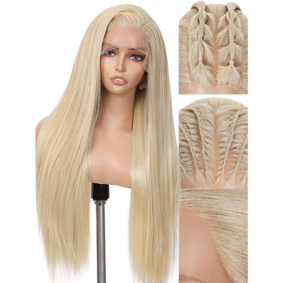 Unisex 28 Inch Blonde Lace Front Wig 13X6 Synthetic Heat Resistant Fiber Natural Hairline Long Straight