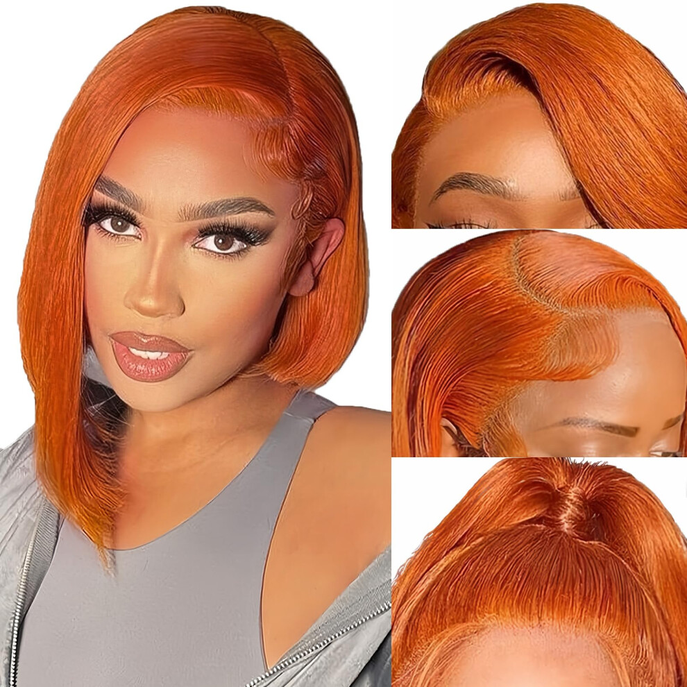 Ginger Bob Wig Human Hair 13x4 Lace Front 10 Inch Straight Preplucked 200 Density Natural Hairline
