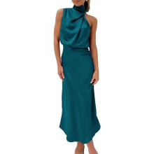 Vestido de cintura império para mulheres, elegante vestido de festa com decote halter, babados e punhos elásticos, vestido de verão em tecido