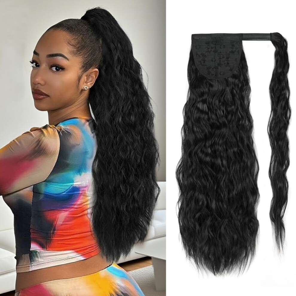 Unisex Black 22 Inch Synthetic Wrap Around Ponytail Extension Natural Curly Wavy Clip On Hairpiece 1B