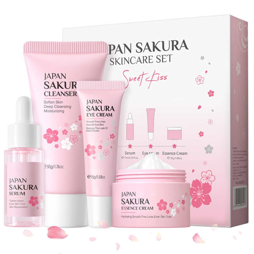 Japanese Sakura Skincare Gift Set for Women, 4 Piece Travel Size for Hydration and Brightening