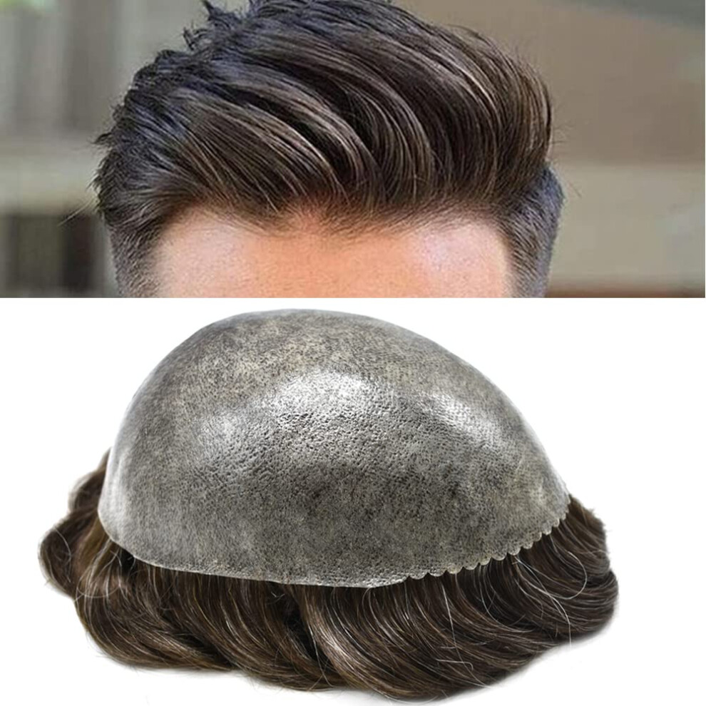 Unisex Brown,Grey Mens Human Hair Toupee With Poly Skin Base, Natural Hairline, 8X10 Dark Brown With 10% Grey