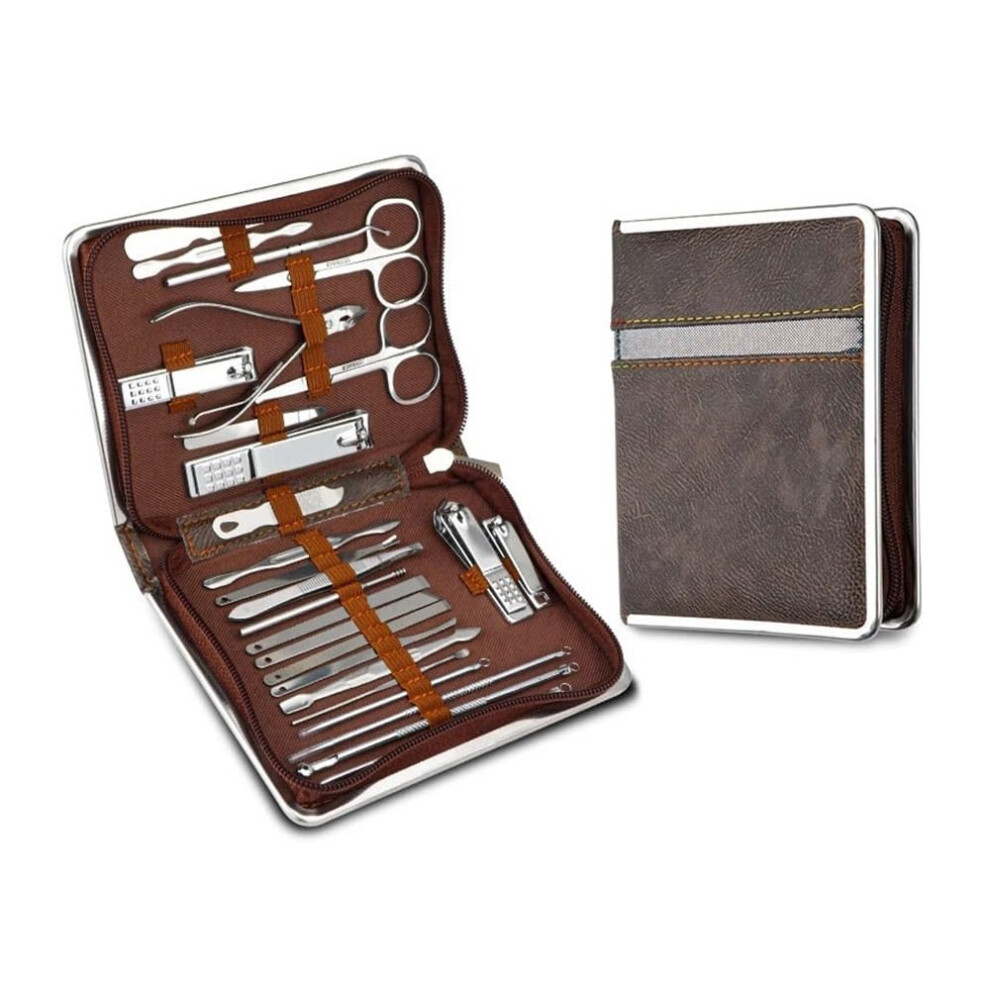 Brown Manicure Set 26 Piece Stainless Steel Nail Clipper Kit With Case For Grooming And Pedicure