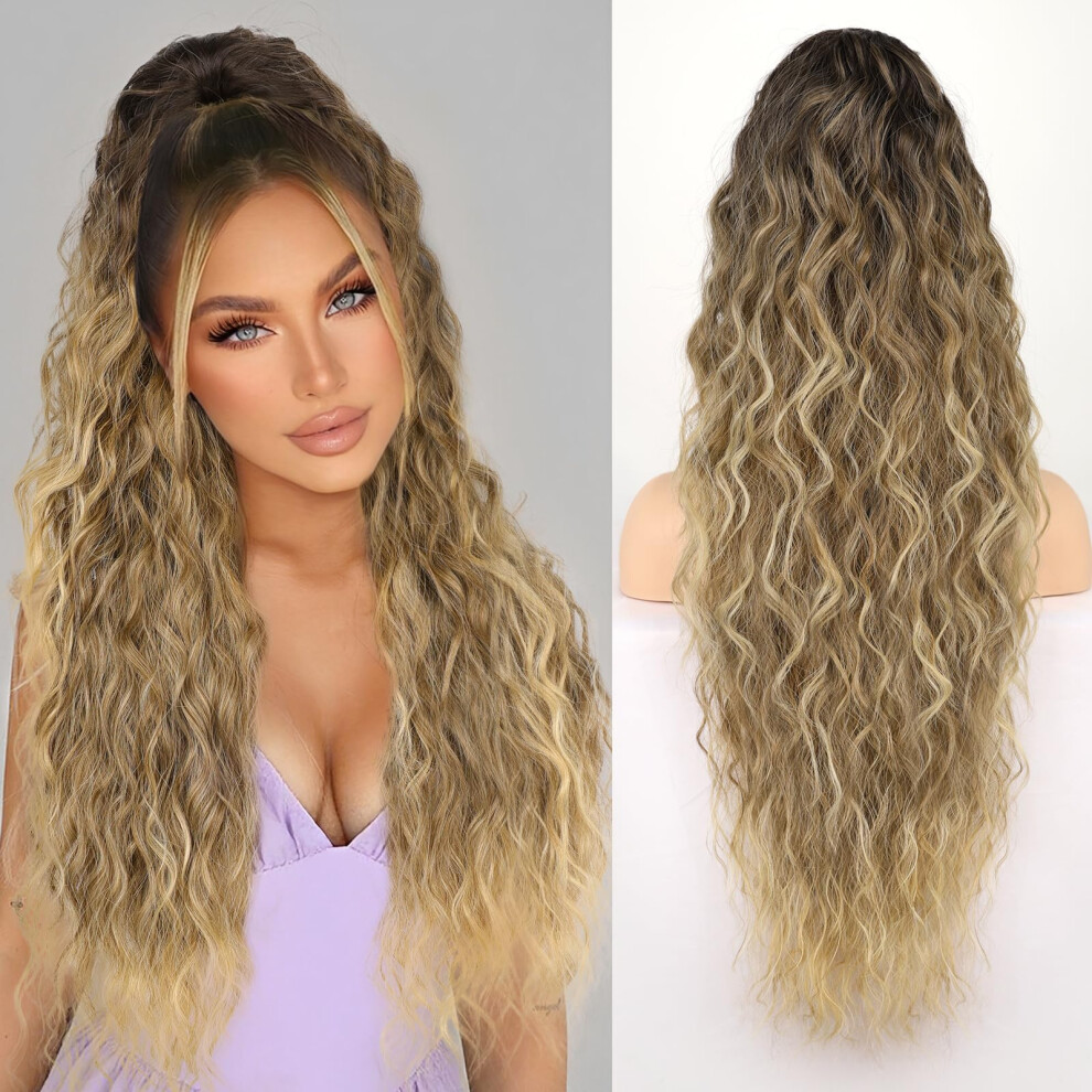 Unisex Brown Claw Clip Ponytail Extension 30 Inch Ombre Blonde Wavy Synthetic Hairpiece For Women