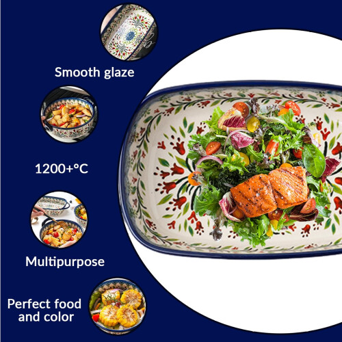 Ceramic Baking Dish 730ml HeatResistant Flower Print Rectangular Oven Casserole with Handles 1