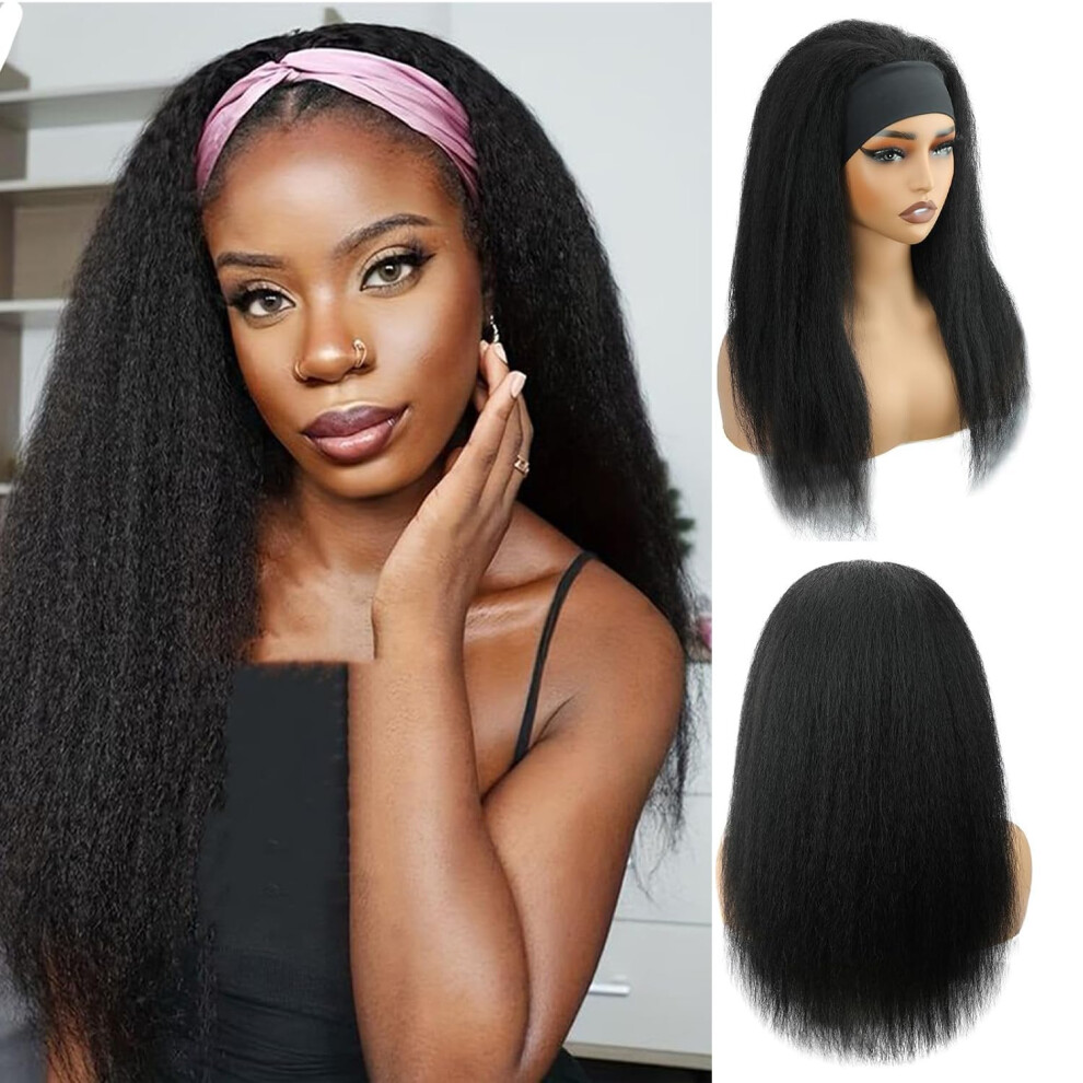 Unisex Black 24 Inch Kinky Straight Human Hair Headband Wig Glueless Natural Yaki Brazilian Wig For Women