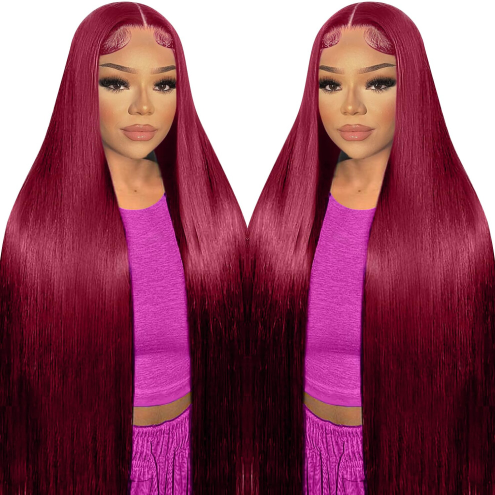 99J Burgundy Human Hair Lace Front Wig 30 Inch Glueless HD Preplucked 220% Density for Women