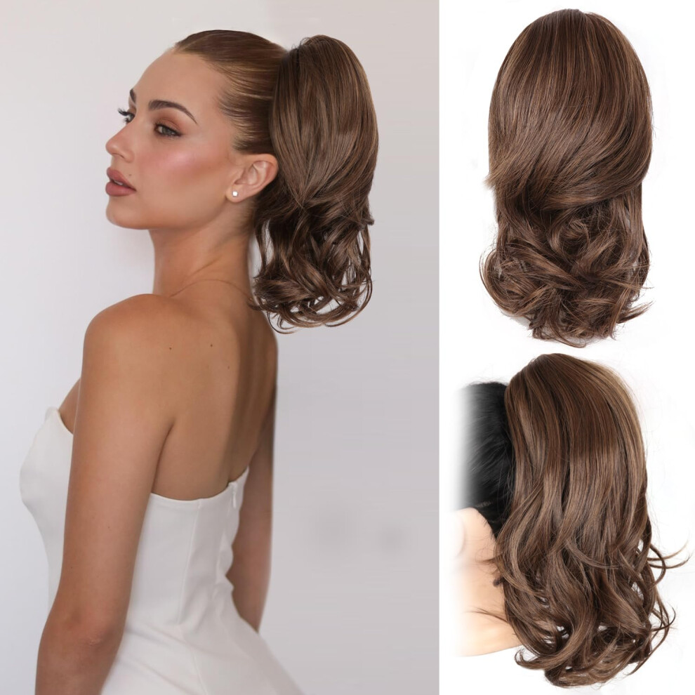 14 Inch Clip In Ponytail Hair Extension Curly Wavy Synthetic Medium Brown Mixed Honey Blonde
