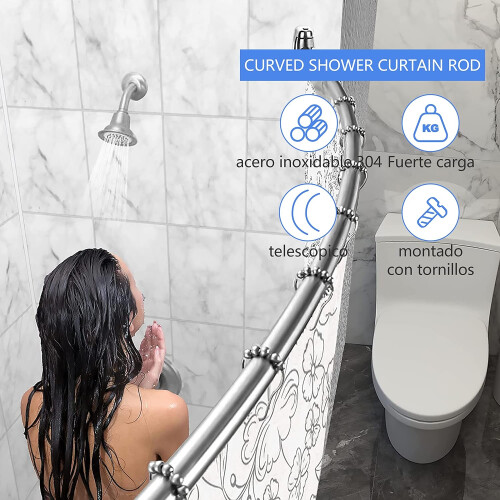 Innovative Bathroom Upgrade, Easy Installation Curved Shower Rod with Odorless Components, Telescoping Adjustable Frame, Double Sliding Hooks with 1