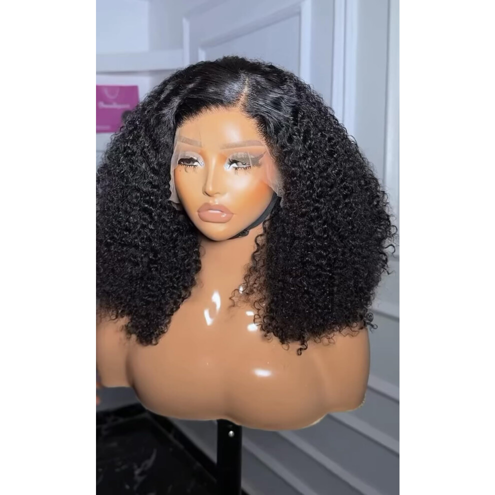 16 Inch Curly Human Hair Lace Front Wig 300 Density Transparent Seamless Hairline Adjustable Fit
