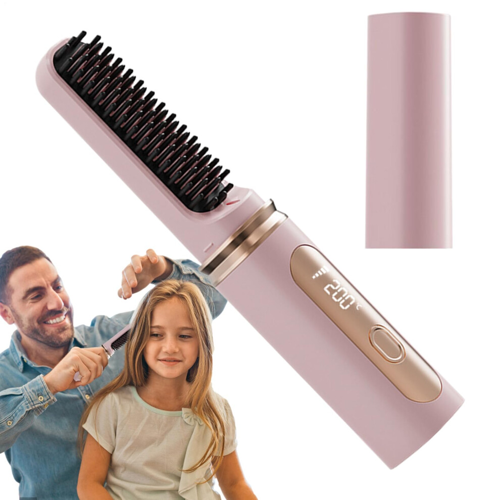 Pink Cordless Hair Straightener Brush Usb Rechargeable Ceramic Fast Heating 4Level Heat Control