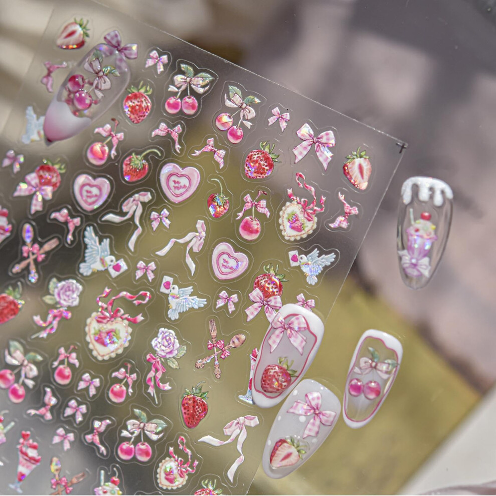 Pink 5D Embossed Nail Art Stickers With Bow Heart Strawberry Cherry Designs Self Adhesive For Women Girls Manicure Decoration