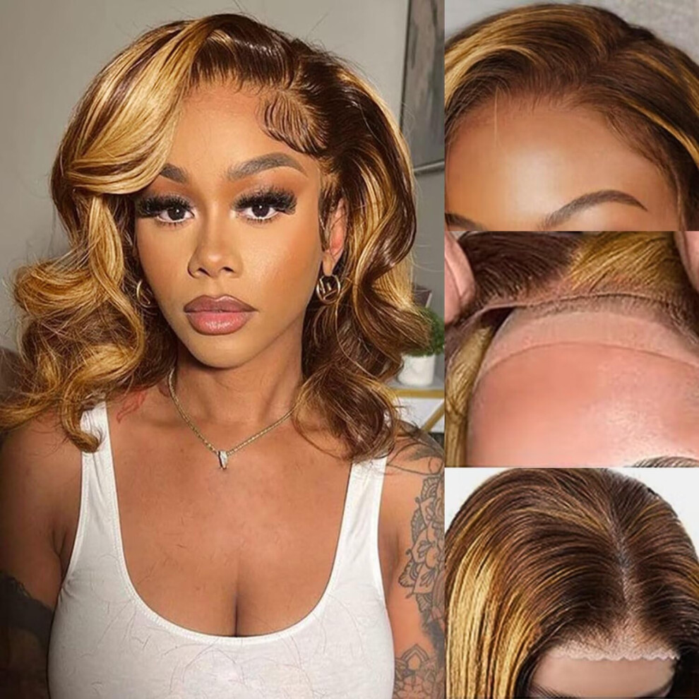 Unisex 14 Inch 7X5 Hd Lace Front Human Hair Bob Wig Ombre Honey Blonde Glueless Pre Plucked Natural Hairline