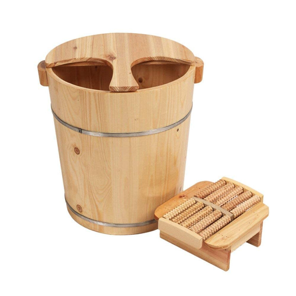Natural Wooden Foot Bath Barrel with Lid, Solid Wood Foot Soak Tub for Spa Pedicure 40cm
