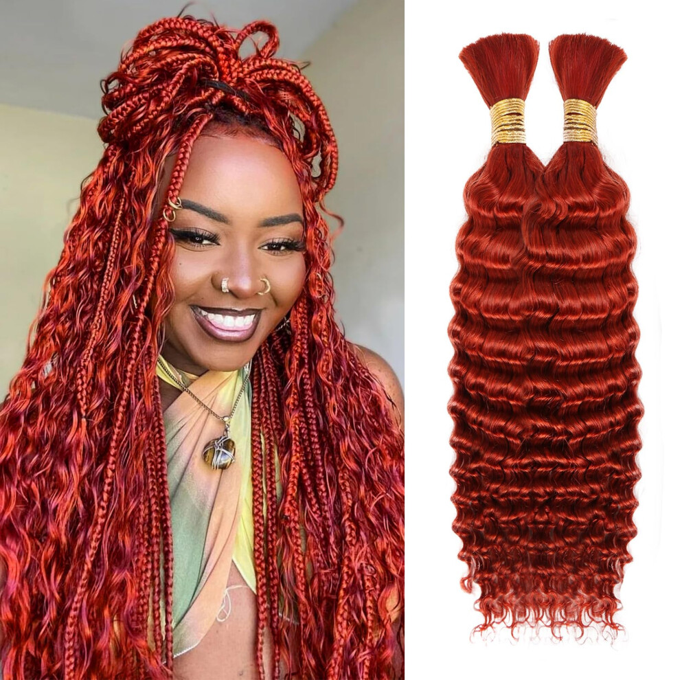 18 Inch Ginger Deep Wave Human Braiding Hair Extensions, Wet and Wavy, NoWeft for Knotless Boho Braids