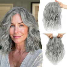 Hair Topper for Women Short Wavy 11 Inch Silver Grey Clipin Synthetic Hairpiece for Thinning Hair