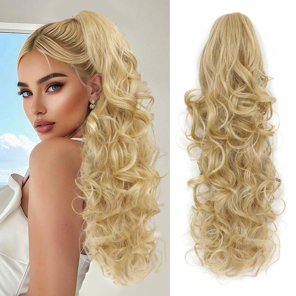 Unisex 22 Inch Blonde Clip In Ponytail Extension With Claw Clip, Long Wavy Synthetic Hairpiece For Women