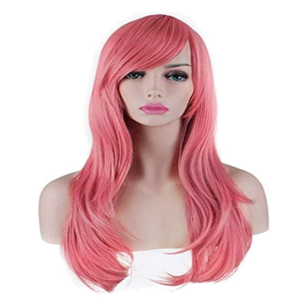 Unisex Pink Wavy Wig For Women Long Harajuku Style Cosplay With Tangle Synthetic Fiber