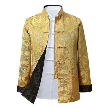 (L,Yellow and black)Men Chinese Dragon Kung Fu Coat Tang Suit Jacket Traditional Chinese Clothing